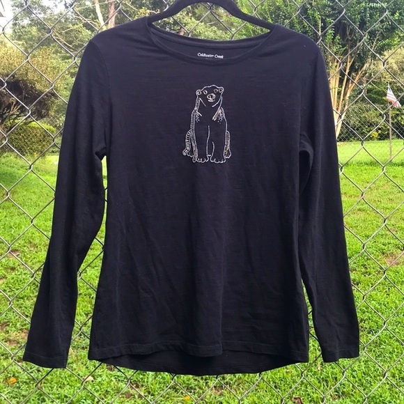 COLDWATER CREEK BLACK LONG SLEEVE WOMENS TOP SZ S w/ BEADED BEAR DETAIL ON FRONT - Picture 1 of 5